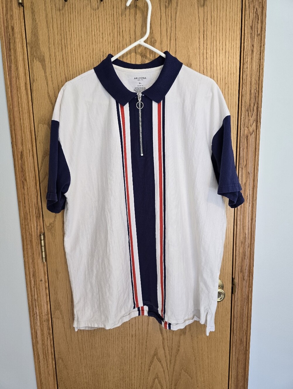 Arizona Jean Company White Navy and Red Stripe Zip Polo